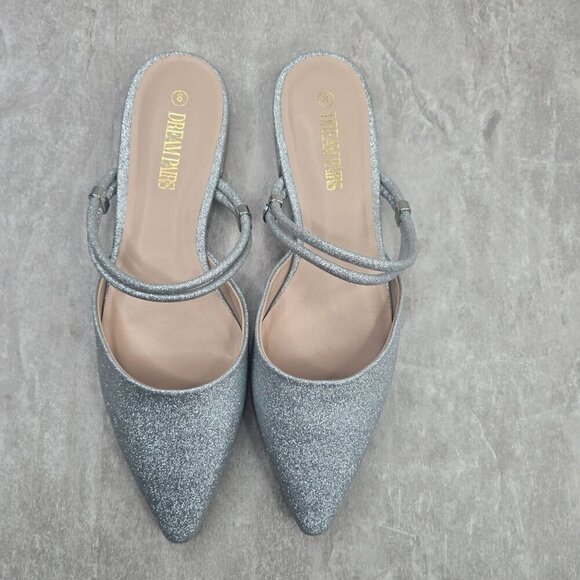 Dream Pairs Shoes - Pointed Toe Glitter Mules Size 8 Silver Dressy Formal Slip On Low Heel Shoes